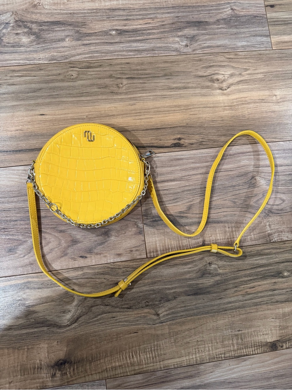 Maje Yellow Croc-Embossed Round Crossbody with Chain Detail
